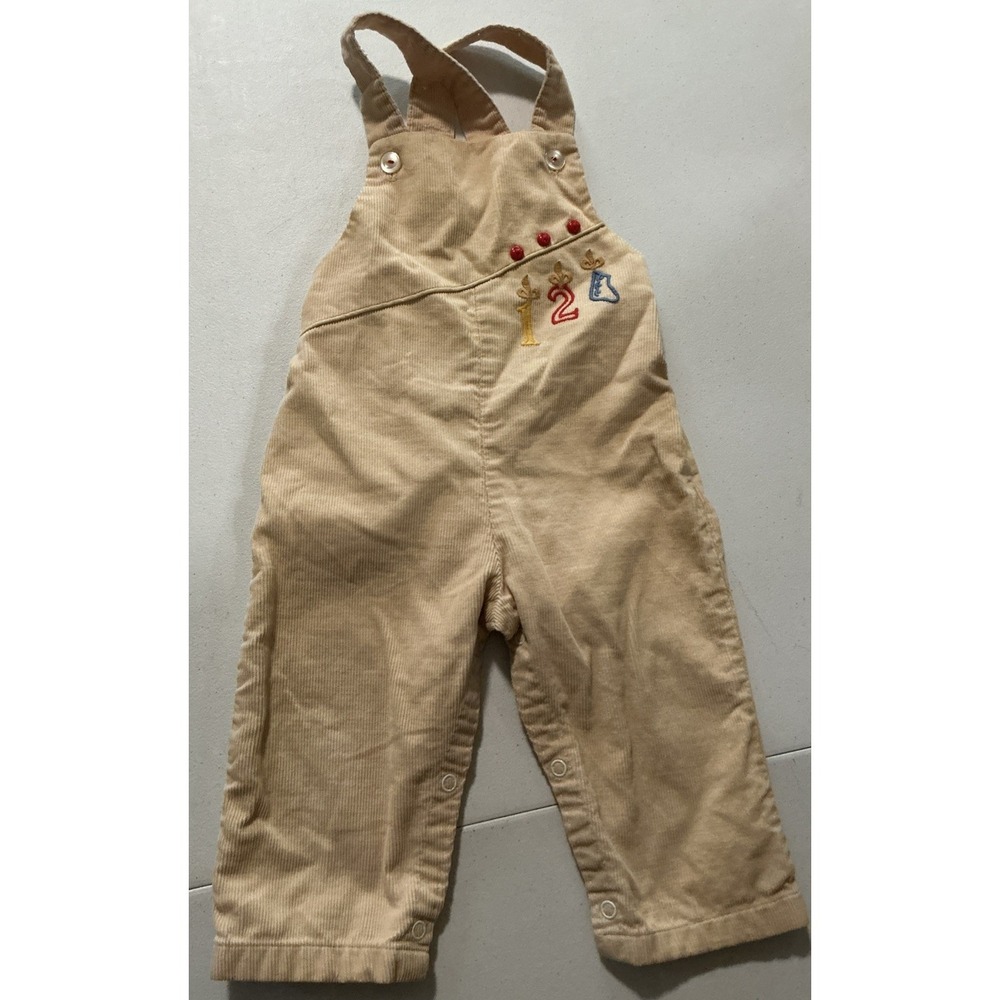 Vintage 80-90s Tan Corduroy Baby Shortalls-Embroidered Accents, Snaps, 6-12mos